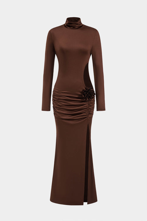 שמלת מקסי עם שרוולים ארוכים וגזרה פרחונית תלת-ממדית 