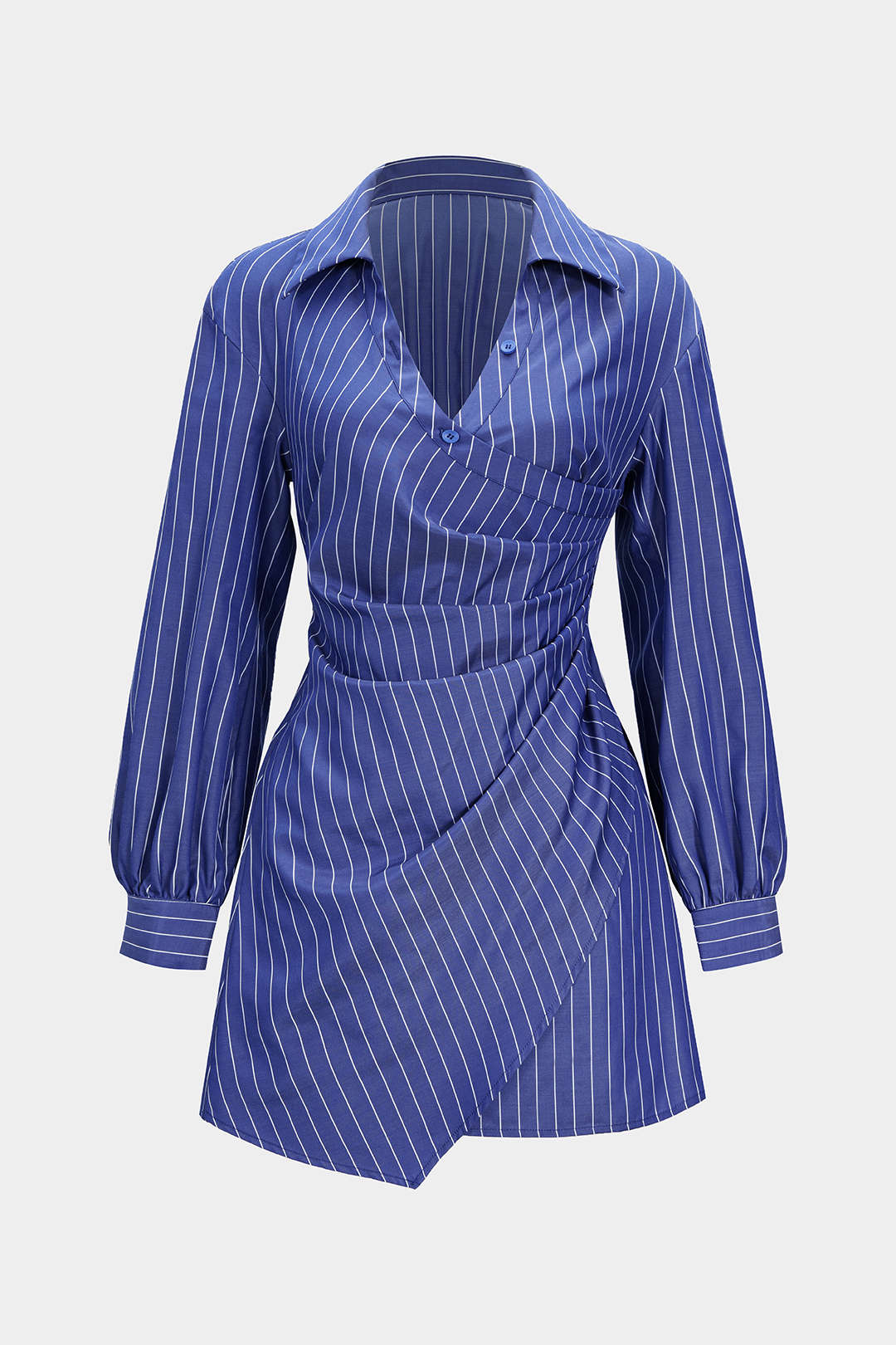 Stripes Print Button Ruched Smocked Long Sleeve Mini Dress