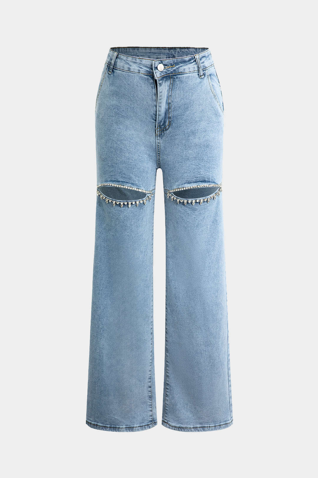 Vaqueros Denim Rectos Con Deshilachado Y Piedras Engastadas