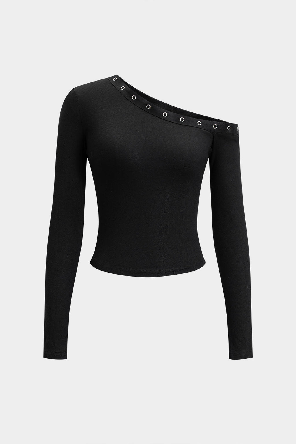 Asymmetrical Shoulder Metallic Cut Out Decor Long-Sleeve Top