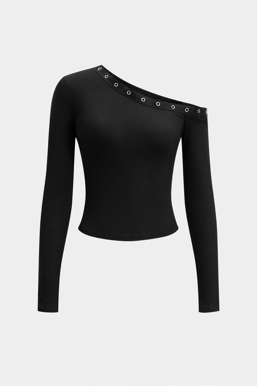 Asymmetrical Shoulder Metallic Cut Out Decor Long-Sleeve Top