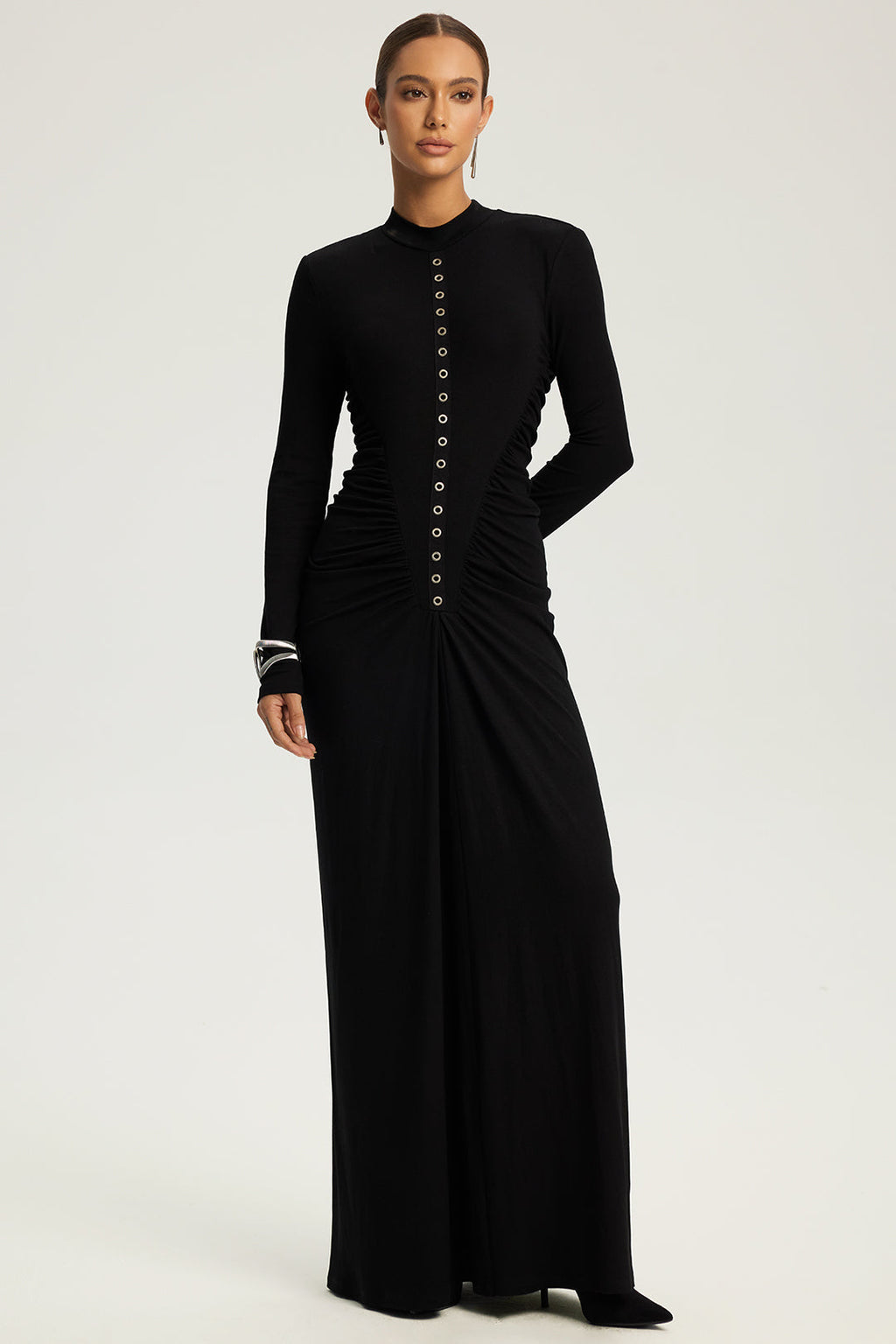 Metallic Ring Ruched Long Sleeve Maxi Dress