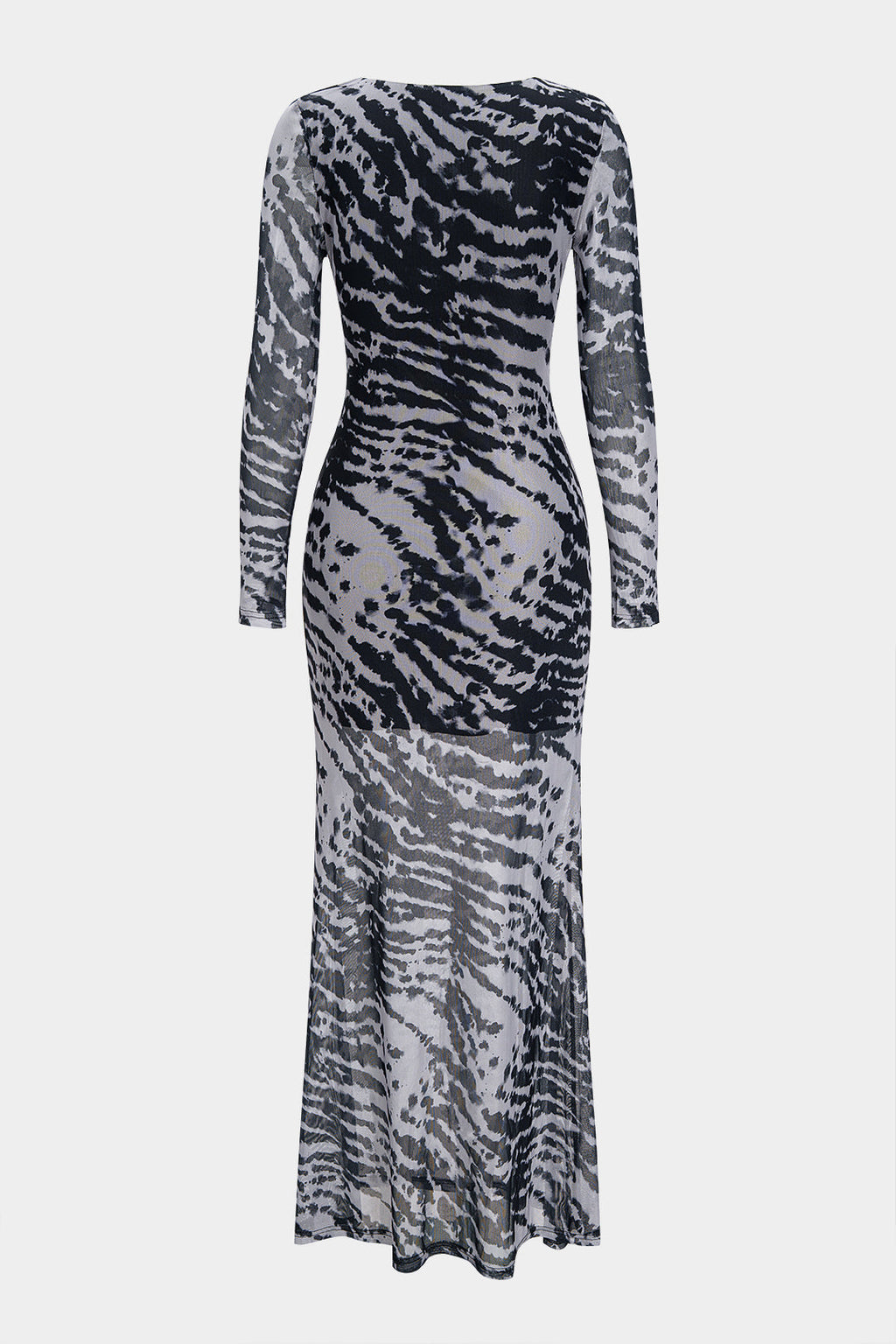 Contrast Print Mesh Ruched Long Sleeve Maxi Dress