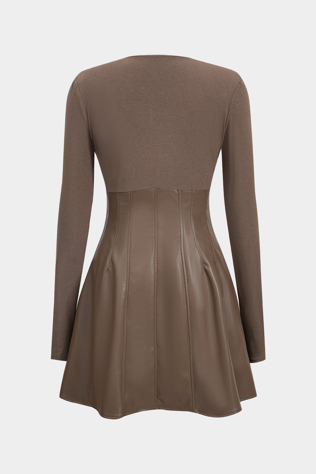 Faux Leather Round Neck Patchwork Long Sleeve Mini Dress