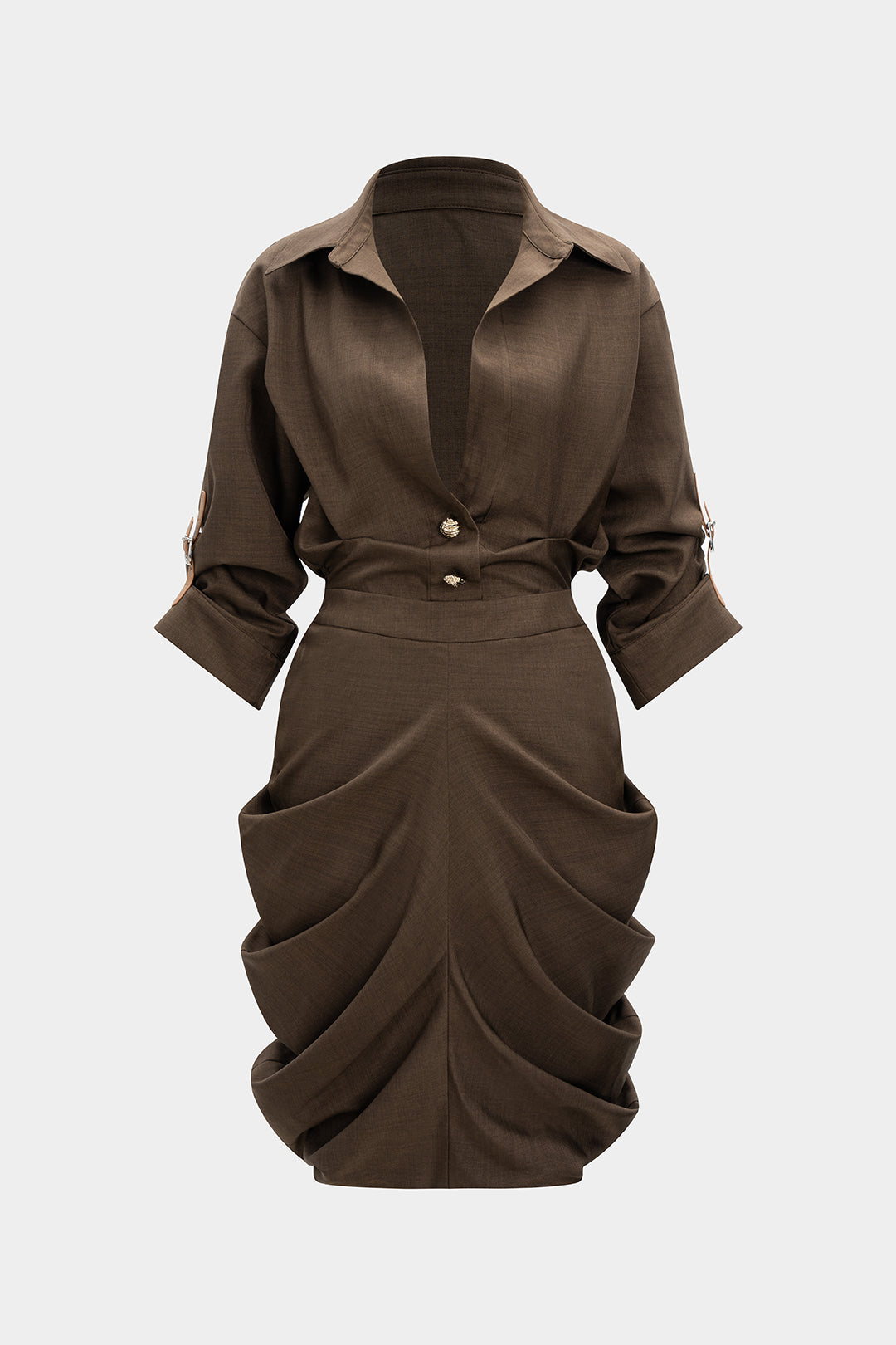 Ruched Button V-Neck Long Sleeve Midi Dress