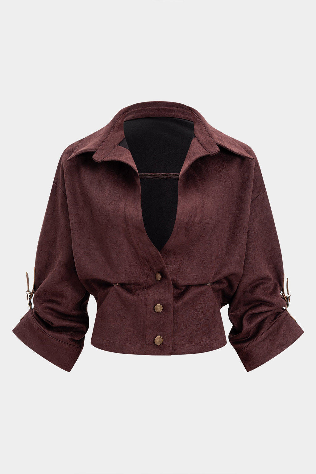 Suede Button Ruched V-Neck Long-Sleeve Shirt