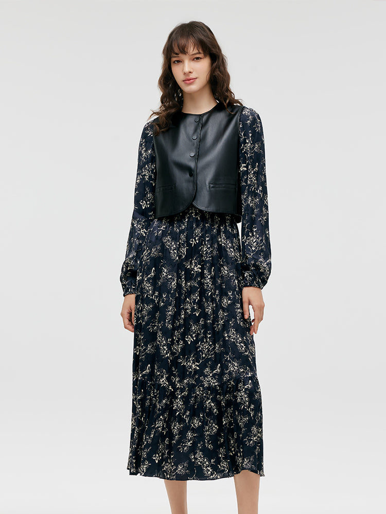 Conjunto Chaleco Eco Cuero Vegano y Vestido Midi Floral