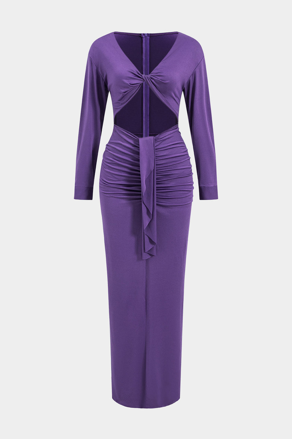 Cut Out Twist Knot Ruched Long Sleeve Midi Dress