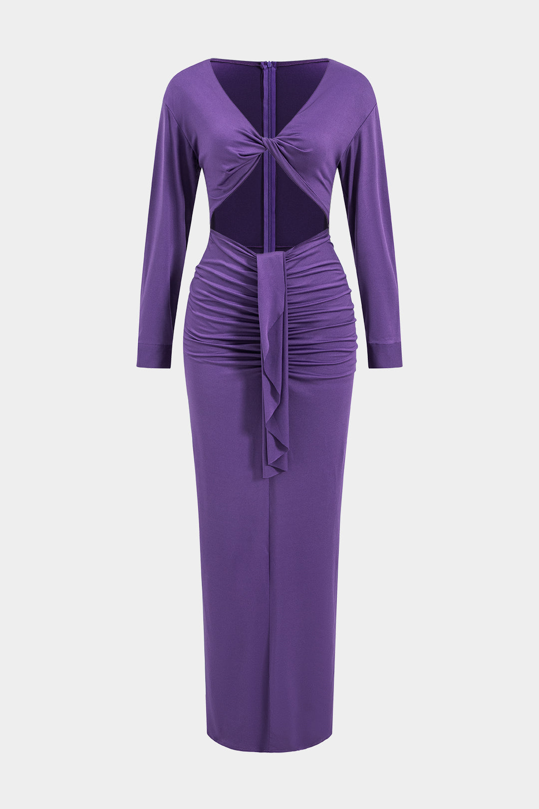 Cut Out Twist Knot Ruched Long Sleeve Midi Dress