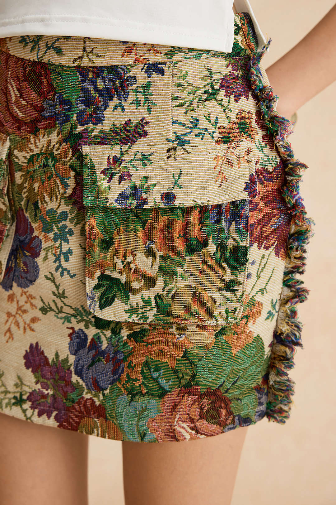 Falda Mini Floral Retro Con Flecos Y Cierre Zip Vintage