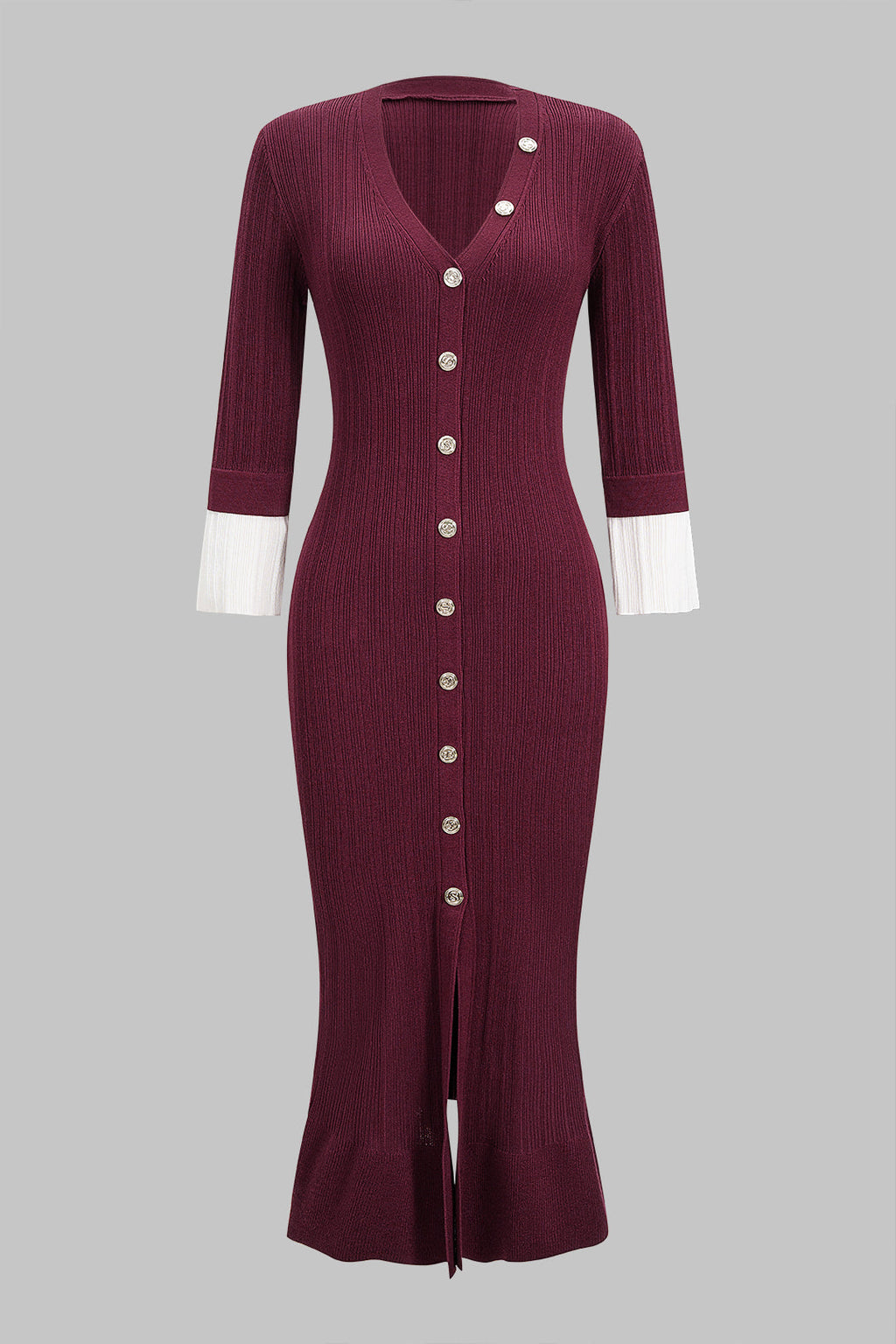 Knit Button V-Neck Long Sleeve Dress