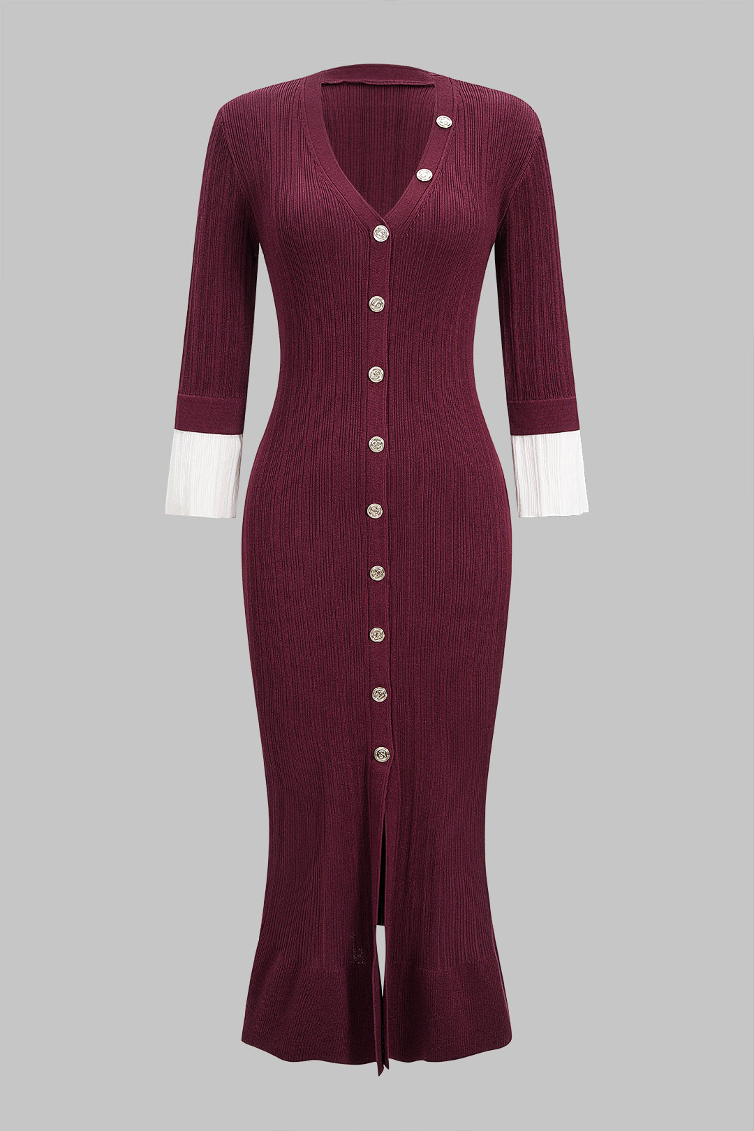 Knit Button V-Neck Long Sleeve Dress
