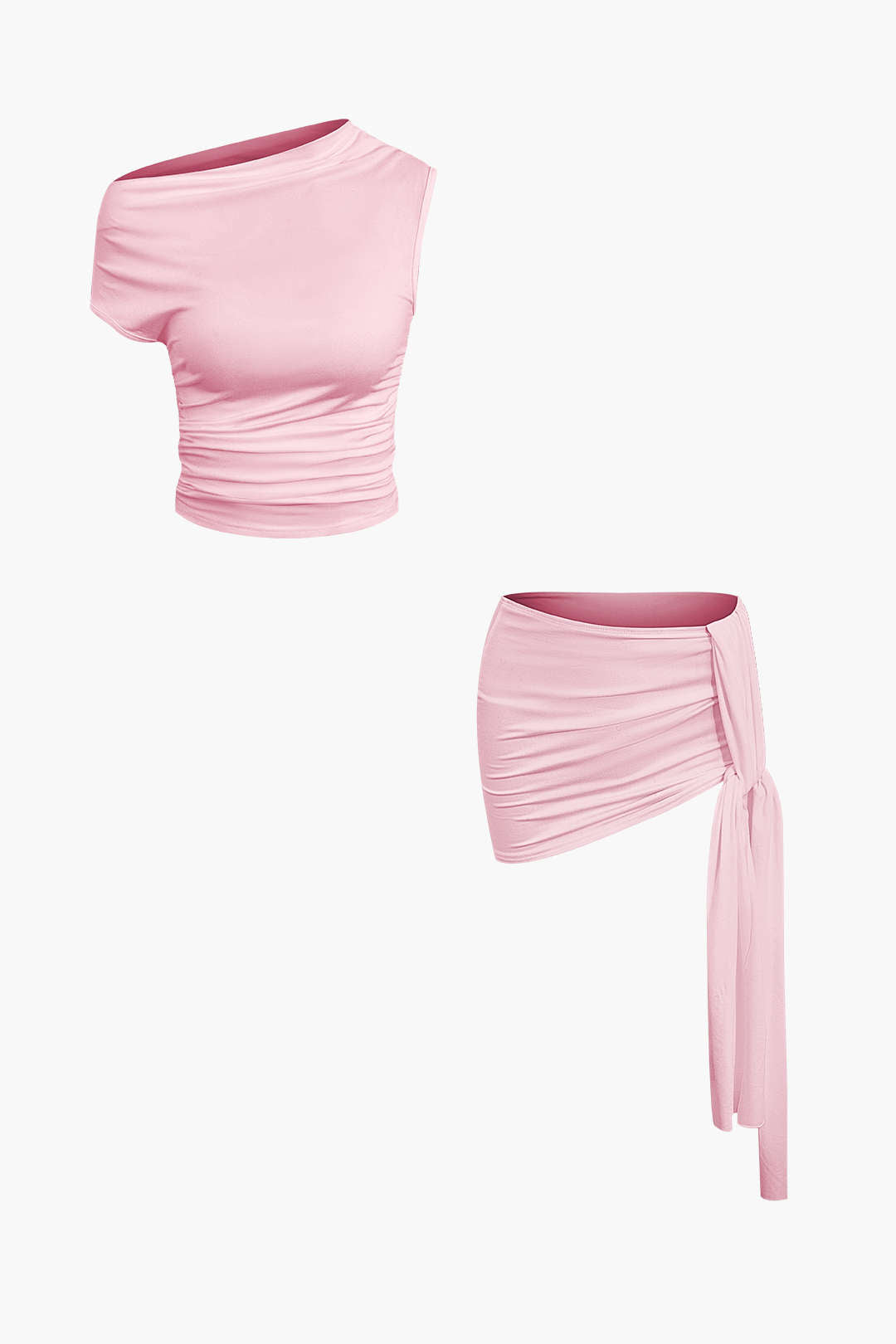 Conjunto Top Corto Asimétrico Y Falda Mini Atada Elegante