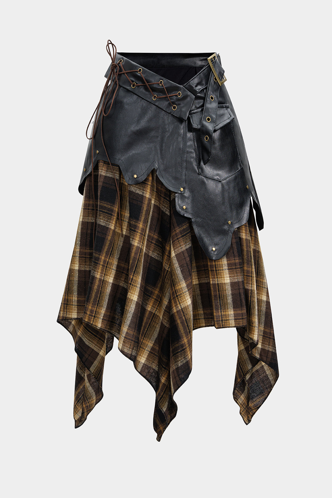 Color Block Plaid Print Faux Leather Patchwork Tie-Up Asymmetrical Pocket Skirt