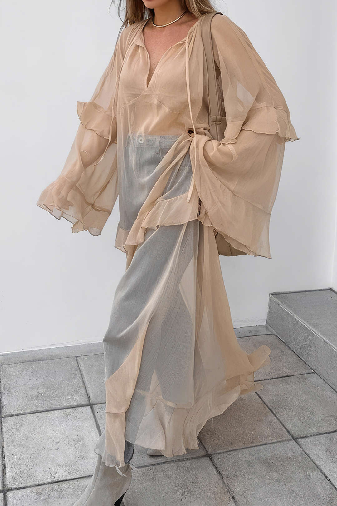 Mesh Sheer Tie-Up Ruffle Long Sleeve Maxi Dress