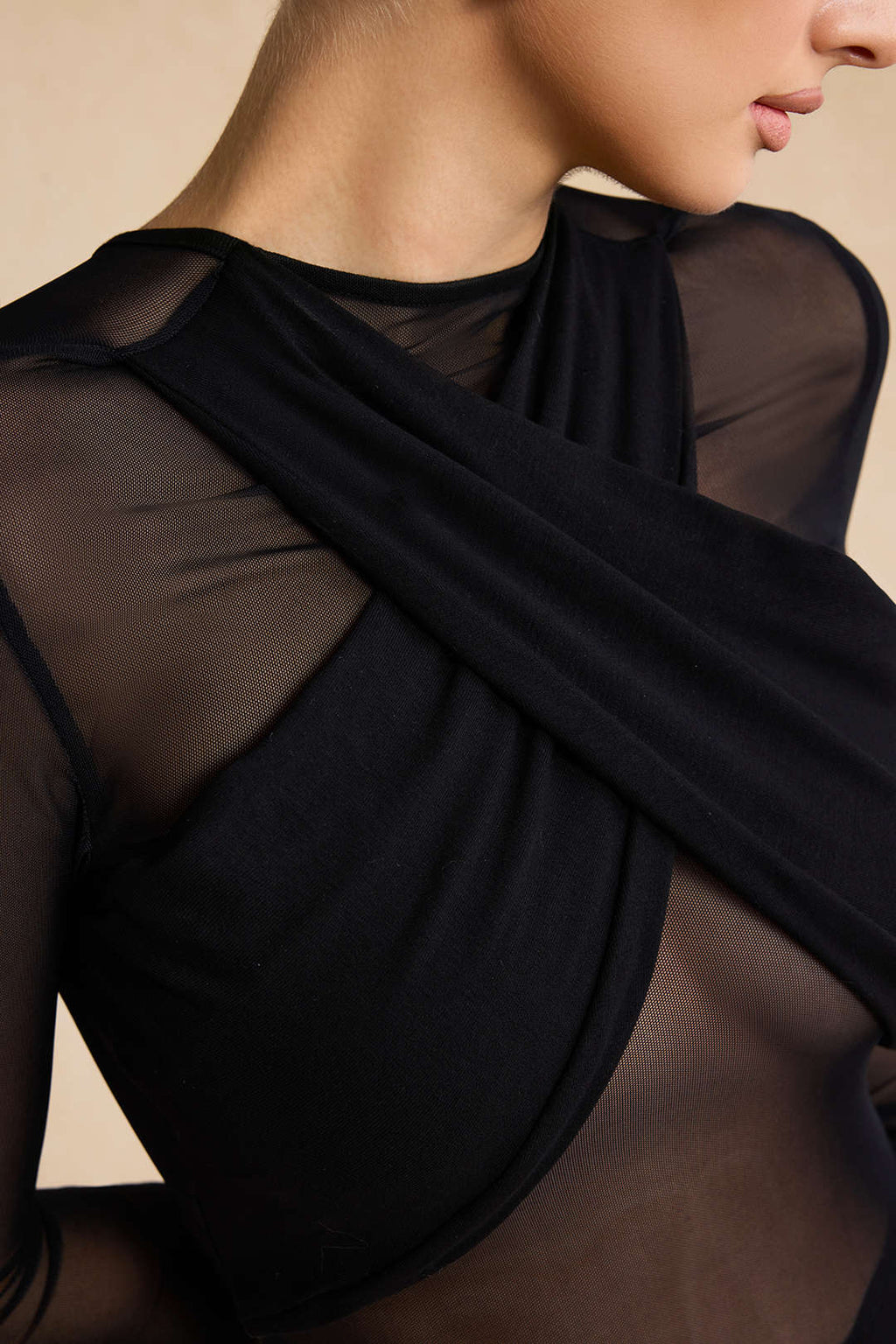 Crossed Mesh Sheer V-Neck Long Sleeve Maxi Dress