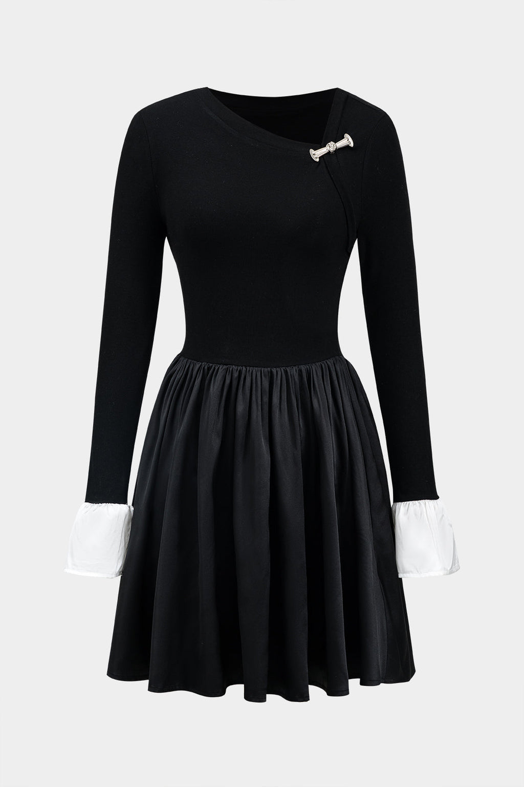 Satin Metallic Detail Patchwork Long Sleeve Mini Dress