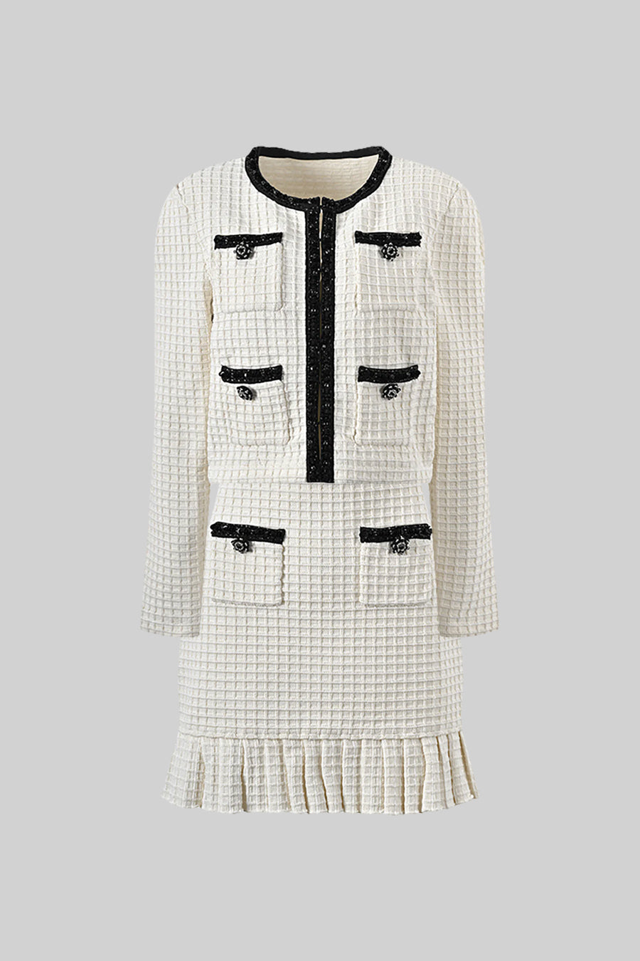 Conjunto de Traje Tweed con Detalles Negros Textura Blanca