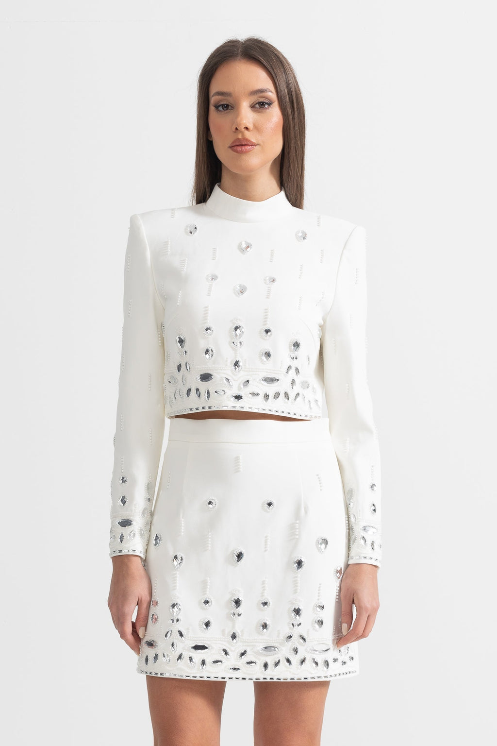 Conjunto Dos Piezas Falda Mini Diamantes Blanco Elegante