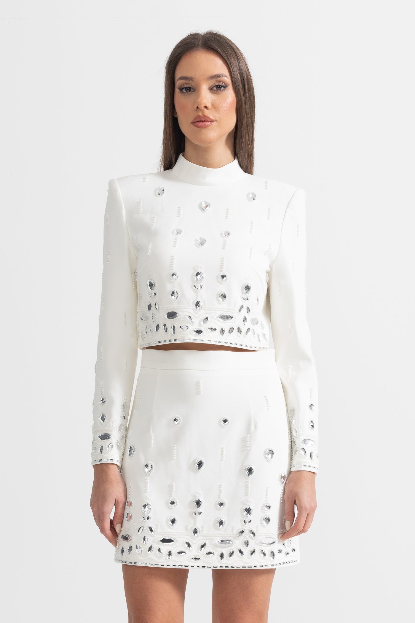 Conjunto Dos Piezas Falda Mini Diamantes Blanco Elegante
