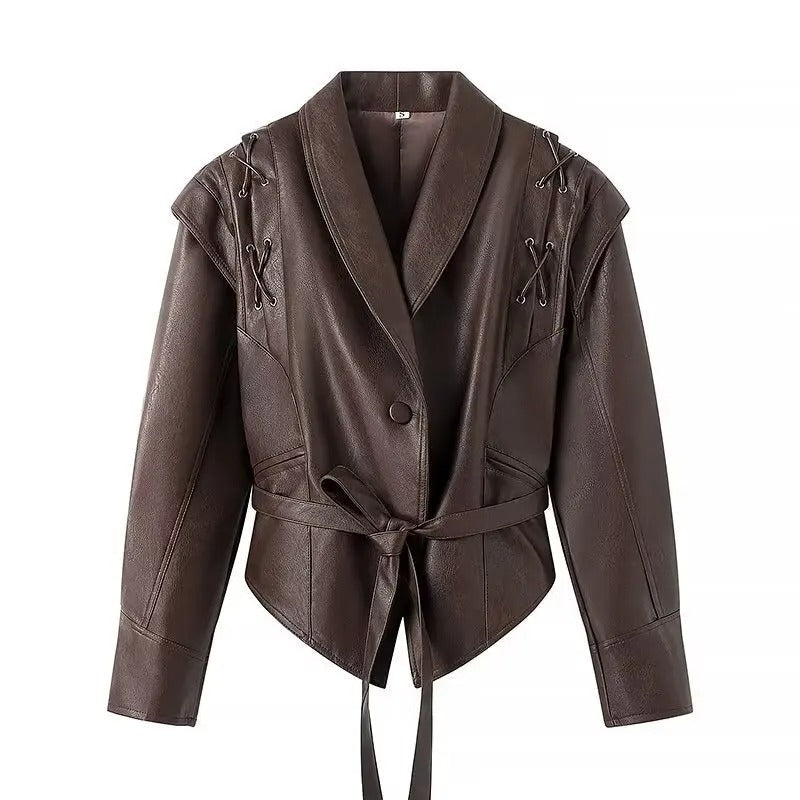 Chaqueta de Cuero Viblans con Cuello Chal y Cinturón