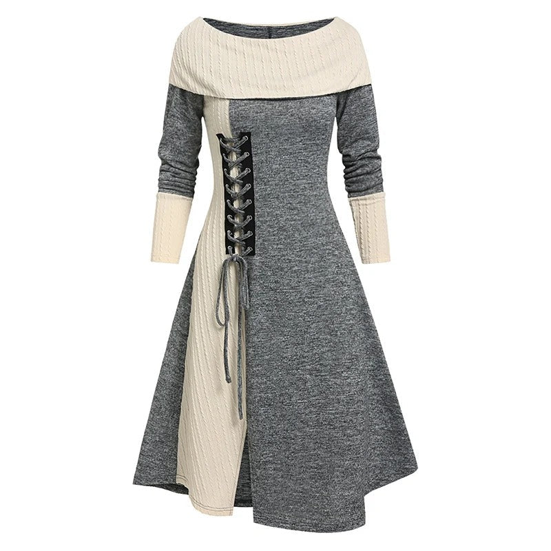 Elegante Vestido Violeta Dos Tonos Gris Crema Cuello Amplio