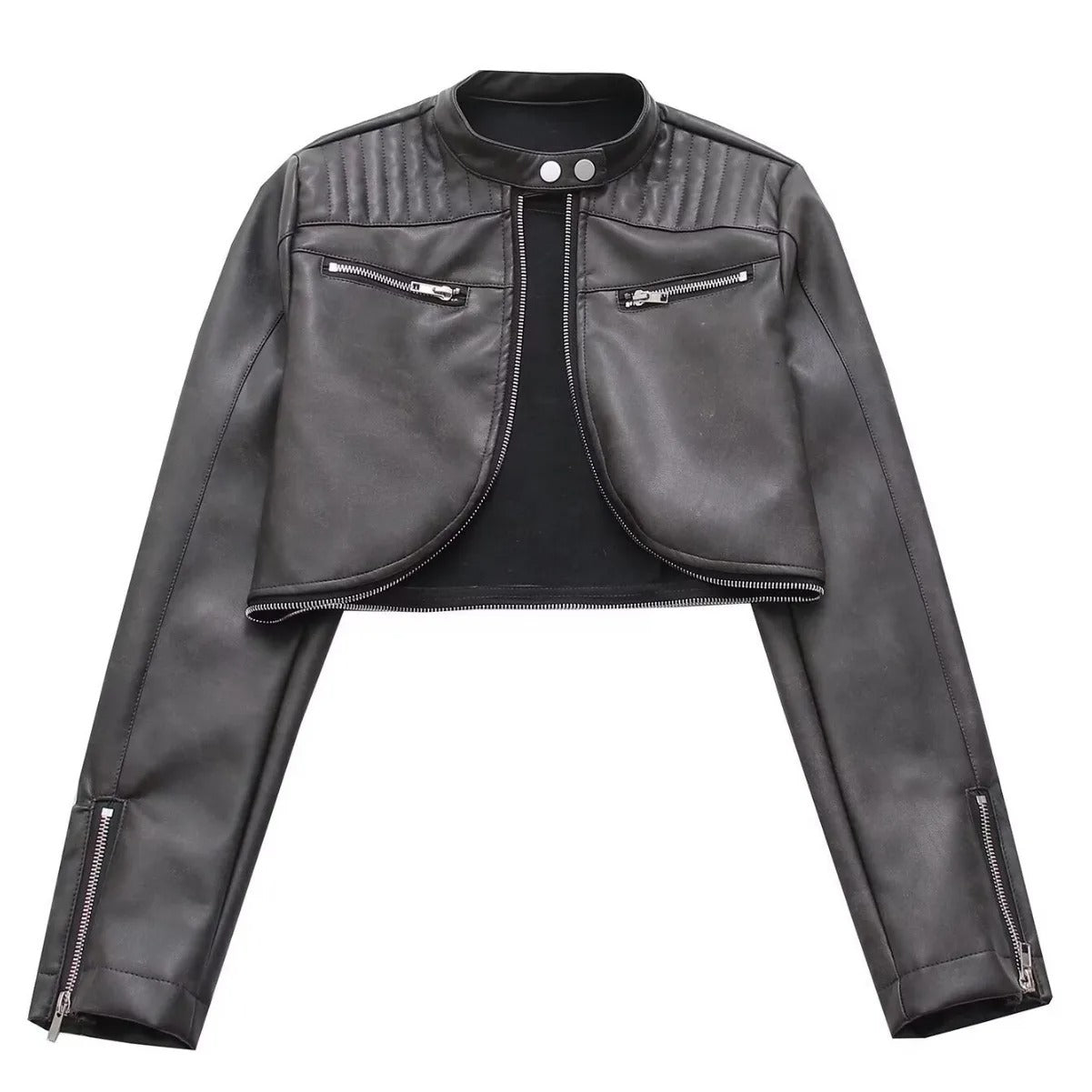 Chaqueta De Cuero Retro Estilo Vintage Muy Corta Mujer