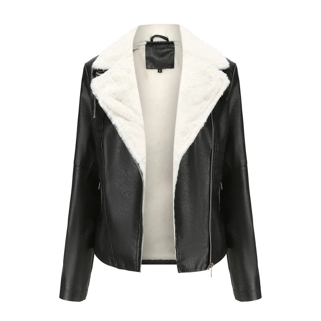 Cazadora De Cuero Salton Cuello De Pelo Blanco Elegante