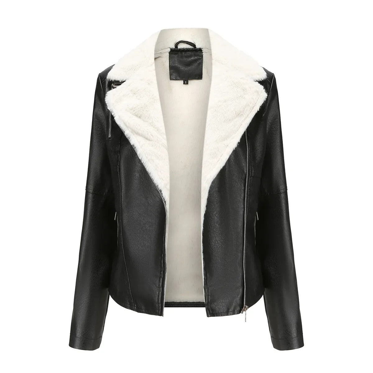 Cazadora De Cuero Salton Cuello De Pelo Blanco Elegante