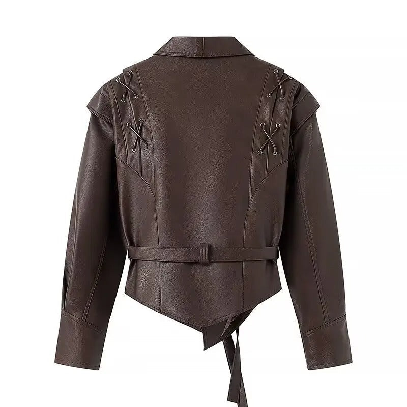 Chaqueta de Cuero Viblans con Cuello Chal y Cinturón