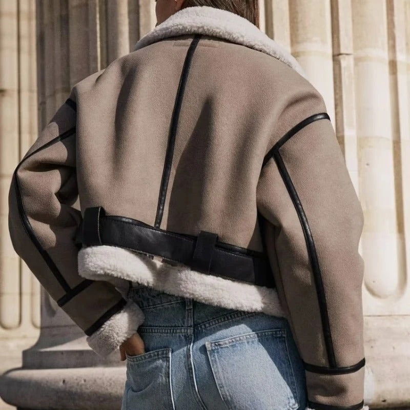 Chaqueta Wintsor Marrón Mate Con Cuello Alto Y Forro Suave