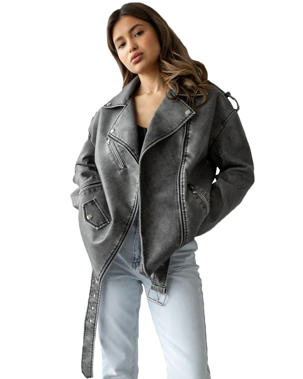 Bilker Chaqueta Biker Cuero Cremallera Asimétrica Gris