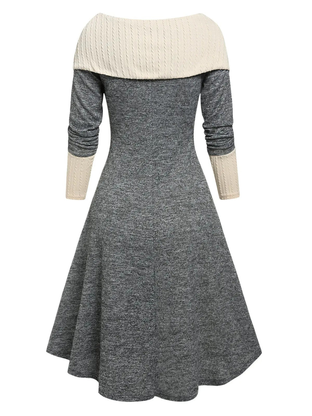Elegante Vestido Violeta Dos Tonos Gris Crema Cuello Amplio