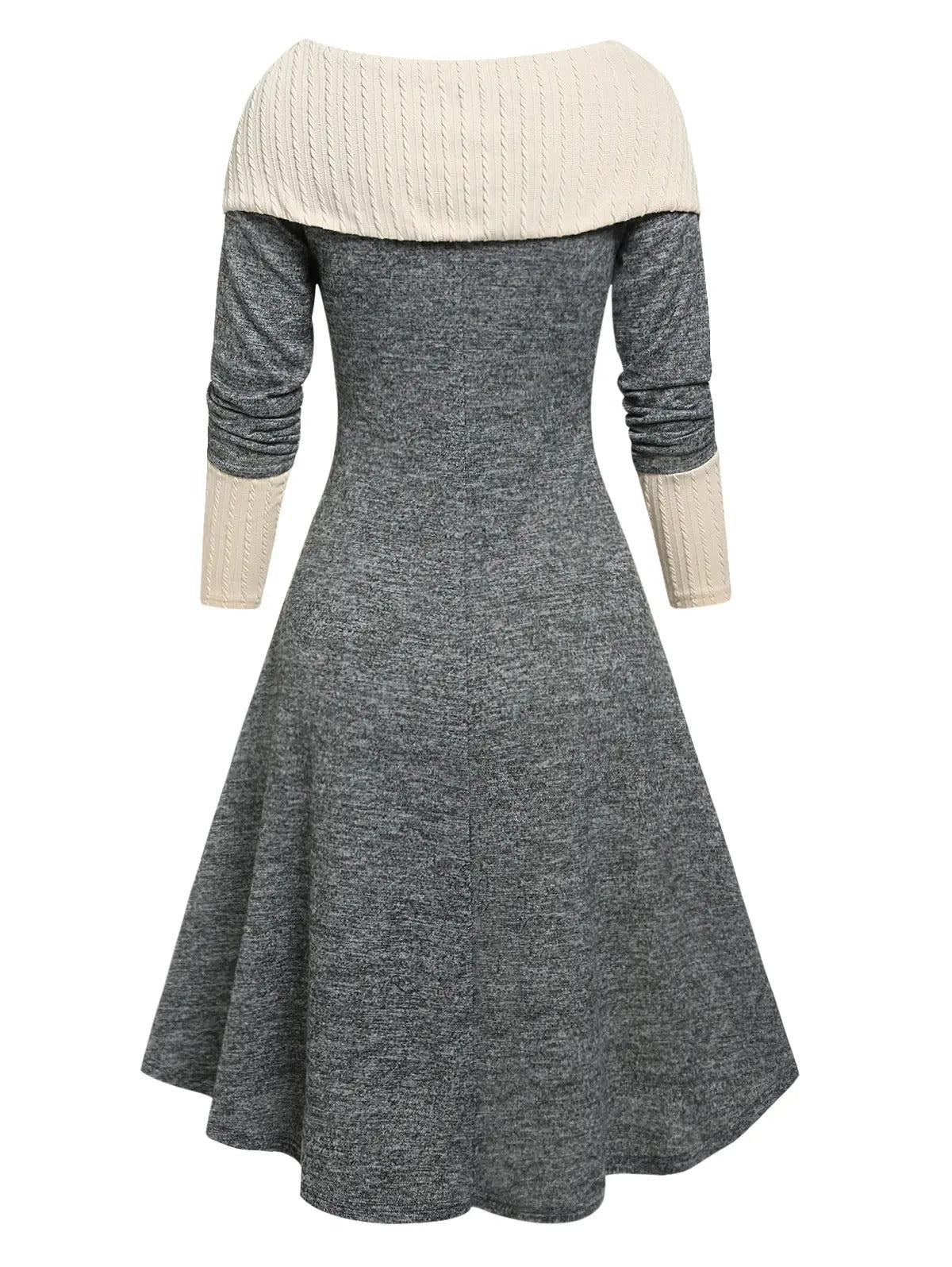 Elegante Vestido Violeta Dos Tonos Gris Crema Cuello Amplio