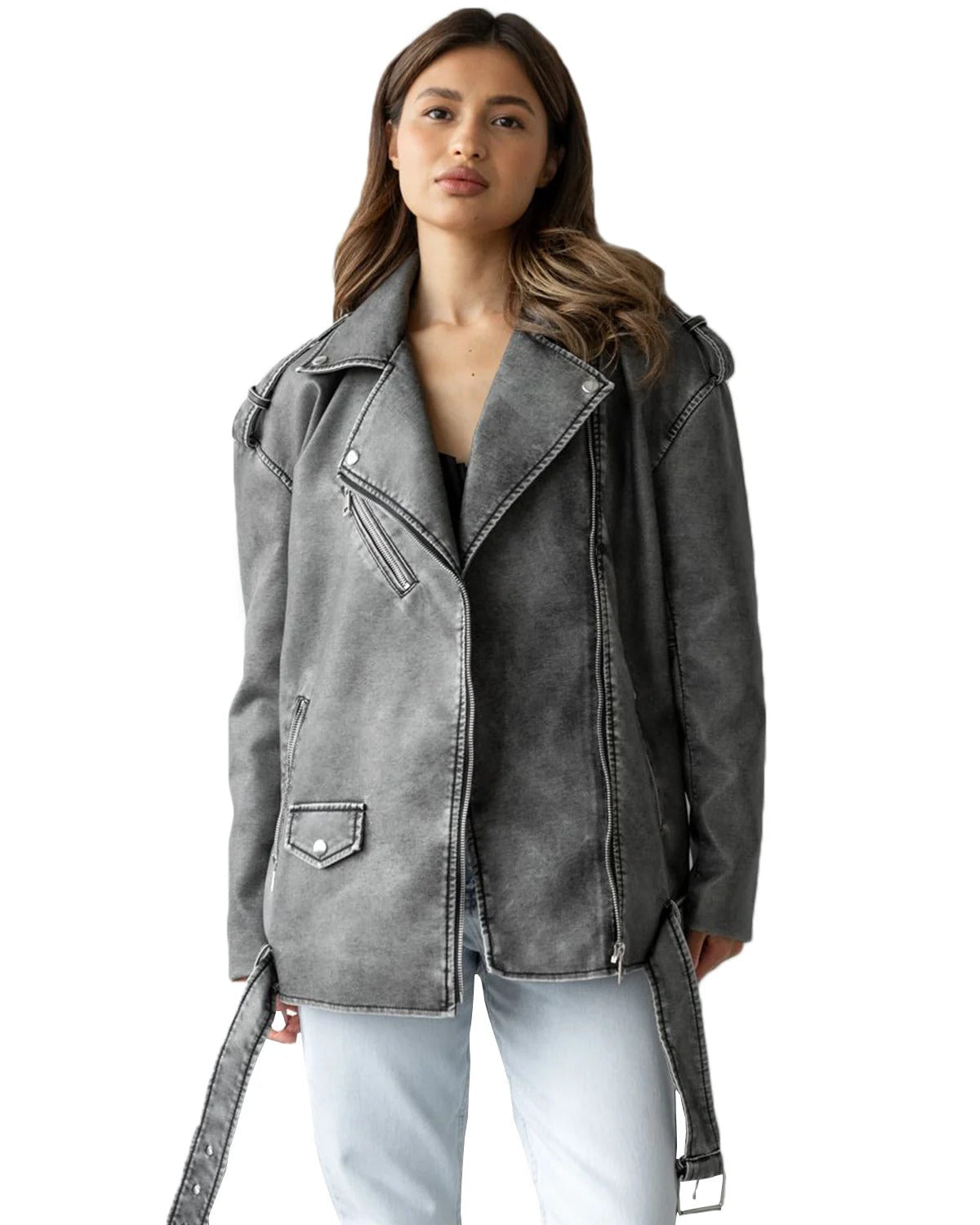 Bilker Chaqueta Biker Cuero Cremallera Asimétrica Gris