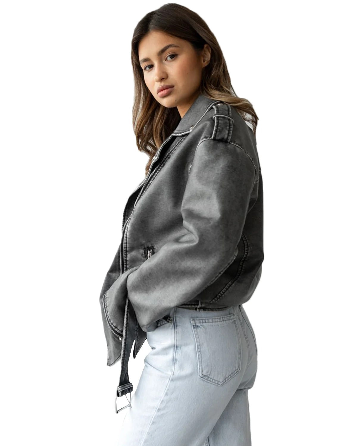 Bilker Chaqueta Biker Cuero Cremallera Asimétrica Gris