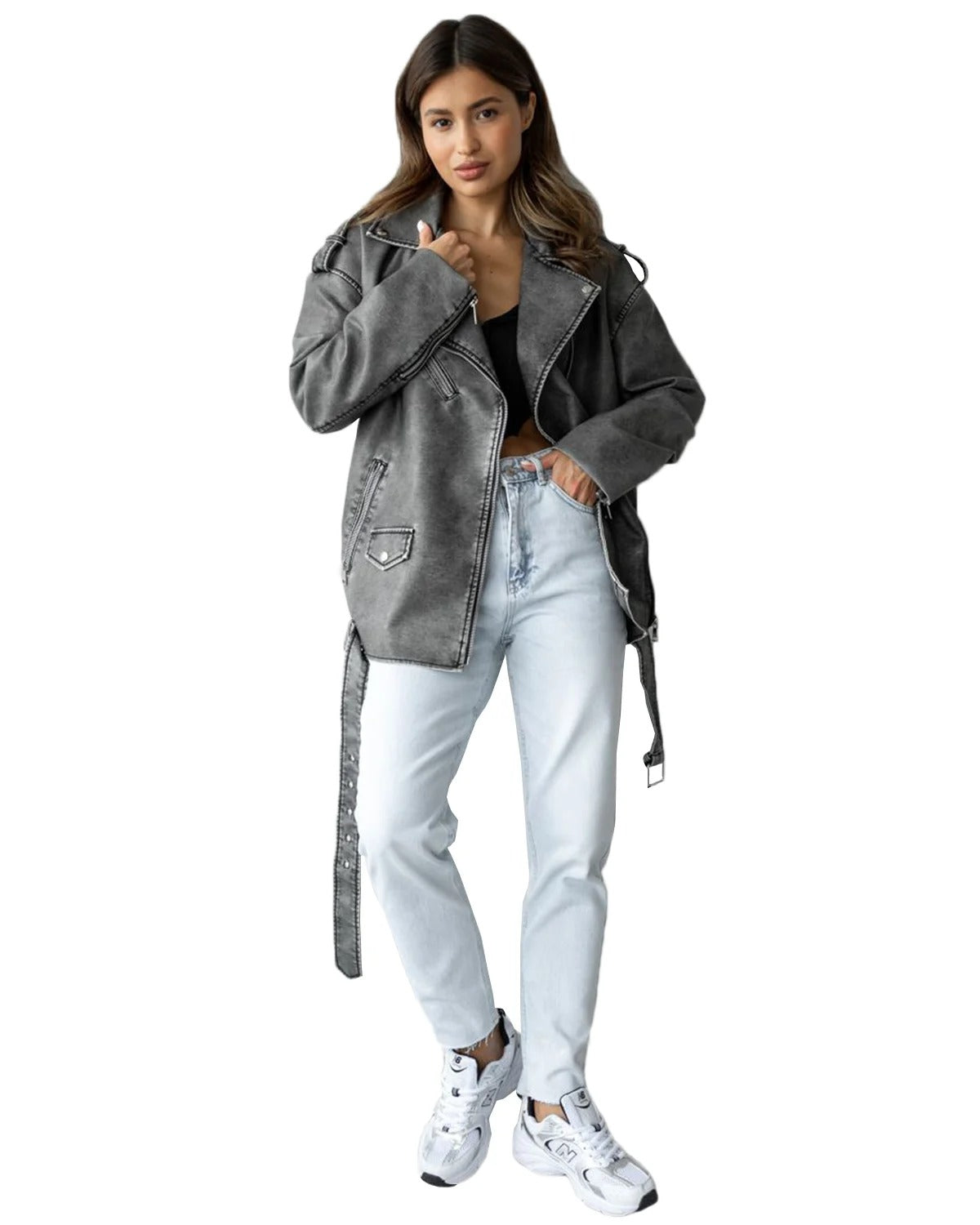 Bilker Chaqueta Biker Cuero Cremallera Asimétrica Gris