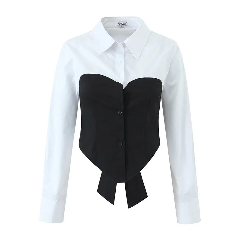 Blusa Elegante con Detalle Blanco y Silueta Corsé Negra