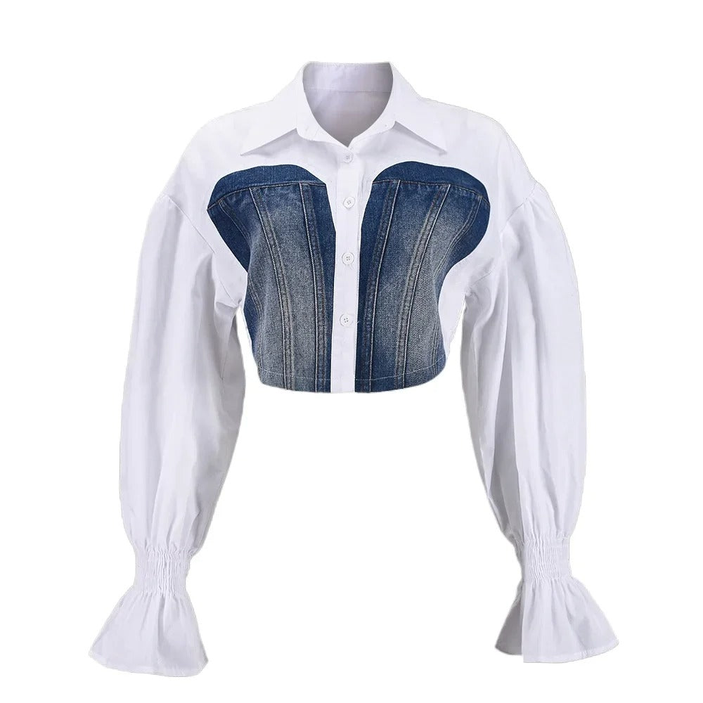 Blusa Corsé de Denim con Mangas Globo y Cuello Blanco